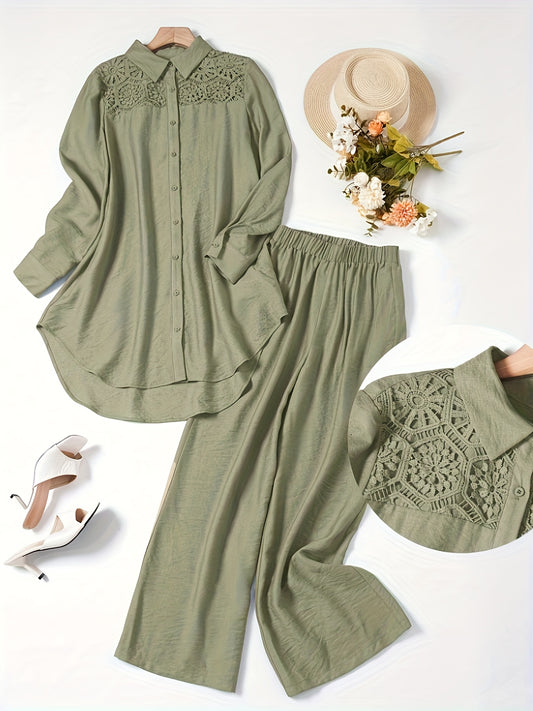 2pcs Women'S Solid Color Long Sleeve Shirt and Pants Set - Elegant Minimalist Casual Attire, Button-Up Blouse with Ruffled Sleeves and Wide-Leg Pants, All-Season Versatile Outfit, Casual Attire|Ruffled Sleeve Top|Buttonup Blo