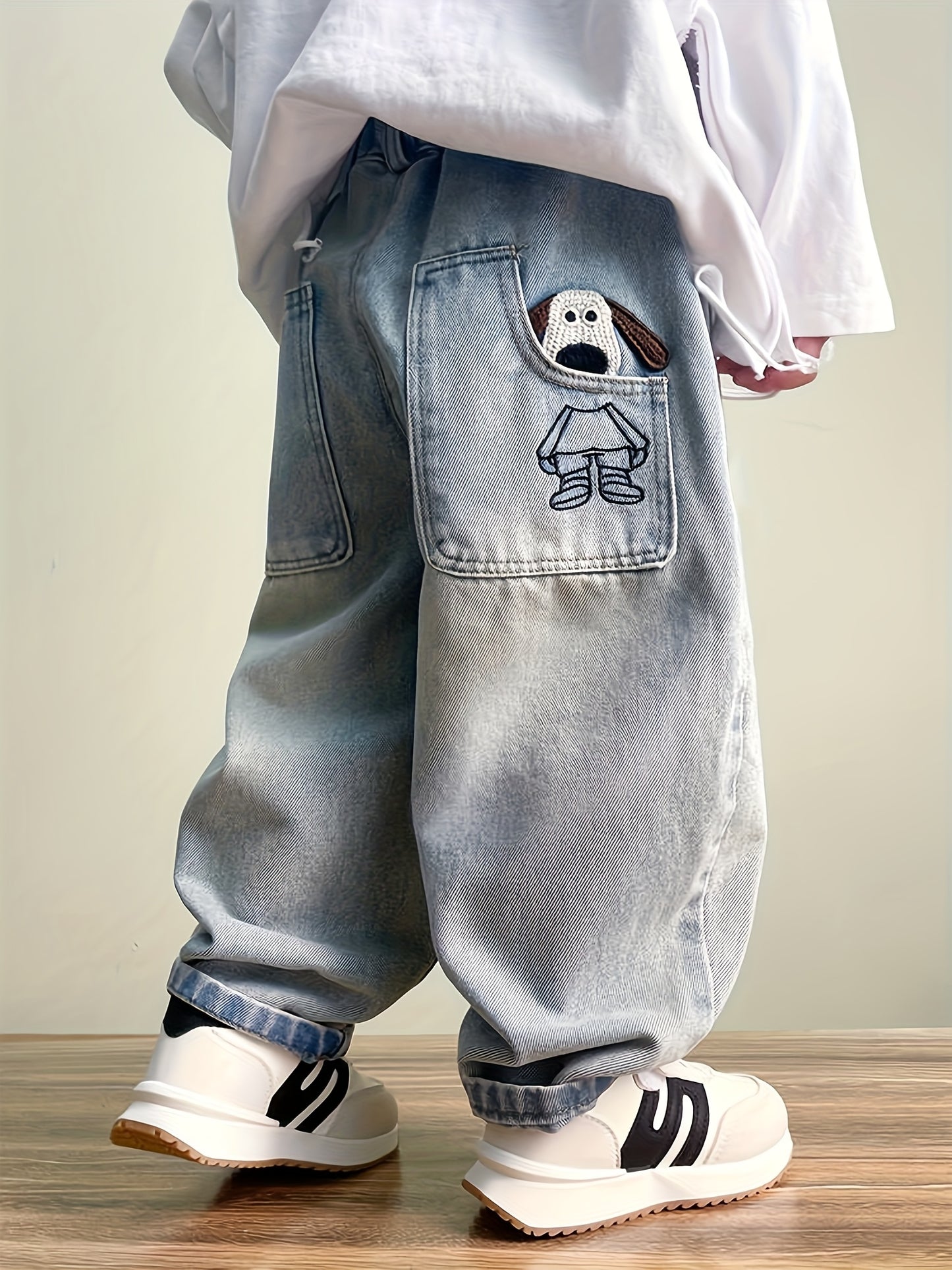 Boys' Faux Denim Pants, Boys' Animal Embroidered Faux Denim, Little Boys' Faux Denim. Boys' Casual Outing Pants, Boys' Fashionable Simple Pants, Cute Style, Comfortable Elastic Waistband, Outdoor Sports, Outdoor Street Trendy