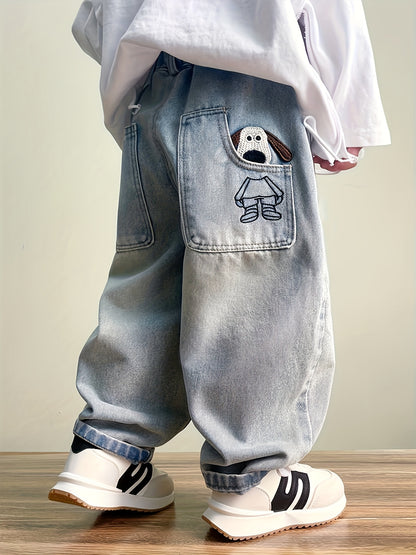 Boys' Faux Denim Pants, Boys' Animal Embroidered Faux Denim, Little Boys' Faux Denim. Boys' Casual Outing Pants, Boys' Fashionable Simple Pants, Cute Style, Comfortable Elastic Waistband, Outdoor Sports, Outdoor Street Trendy