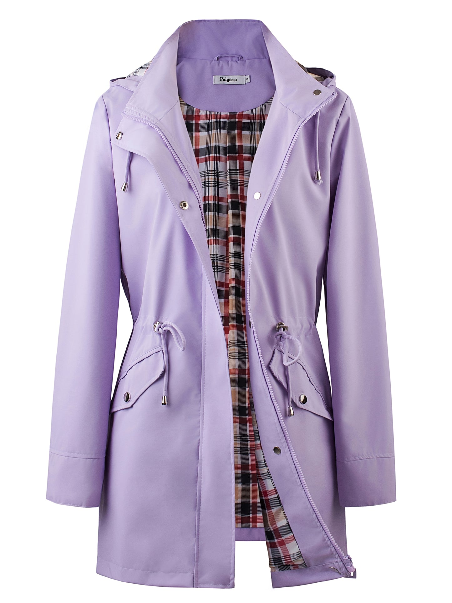 Women's Beige Hooded Zip-Up Trench Coat with Drawstring Waist & Multiple Pockets - Casual Long Sleeve Jacket for Fall & Winter, Machine Washable