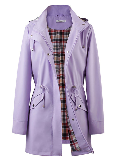 Women's Beige Hooded Zip-Up Trench Coat with Drawstring Waist & Multiple Pockets - Casual Long Sleeve Jacket for Fall & Winter, Machine Washable