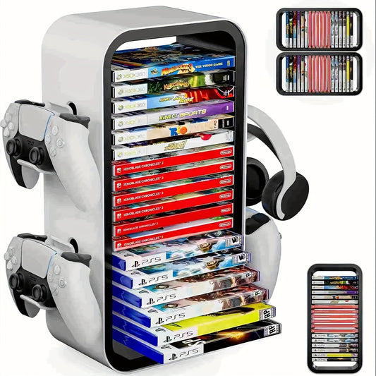 40.13cm game Storage Tower Compatible with PS5/ Xbox Series S X/ Switch, Universal Video Games Discs Organizers 18pcs with 4 Controllers Holder, Game Disk Box Stand
