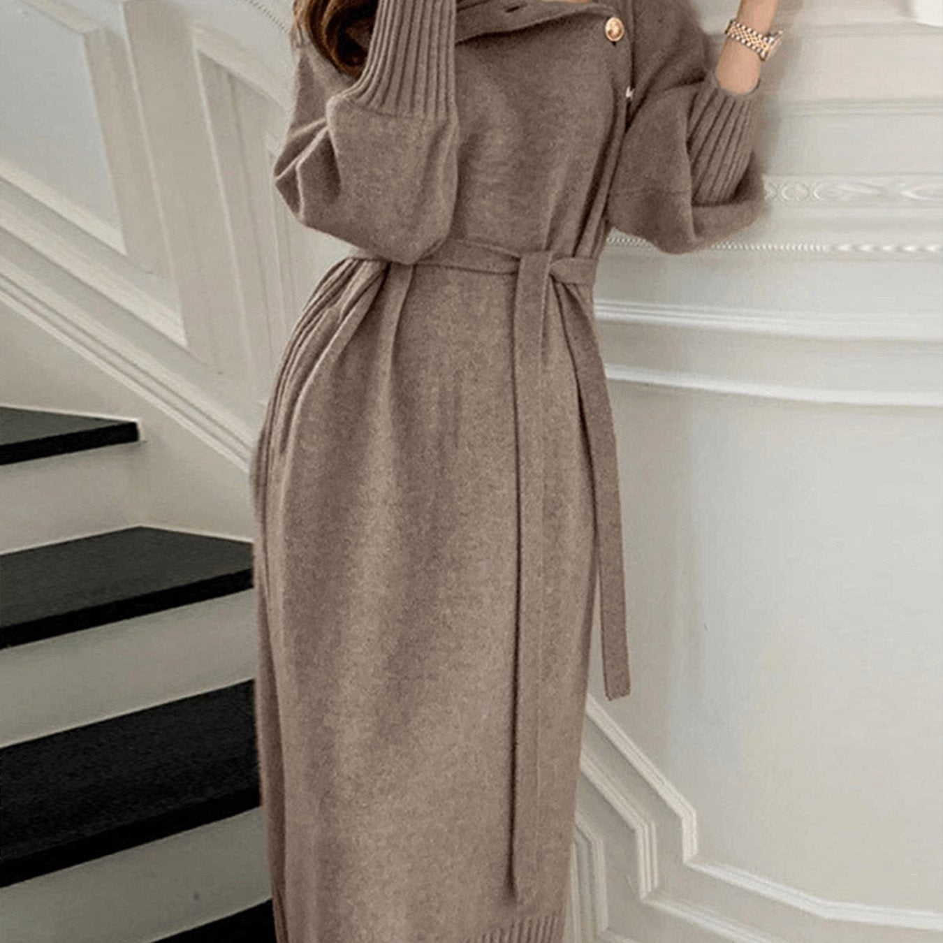Women'S Elegant Asymmetrical Neckline Sweater Dress - Button-Front Long Sleeve Solid Color Dress for Spring & Fall, Versatile Casual to Formal Wear, Comfortable & Durable, Women Dress Autumn, Women Sweater Dress, Women Dress