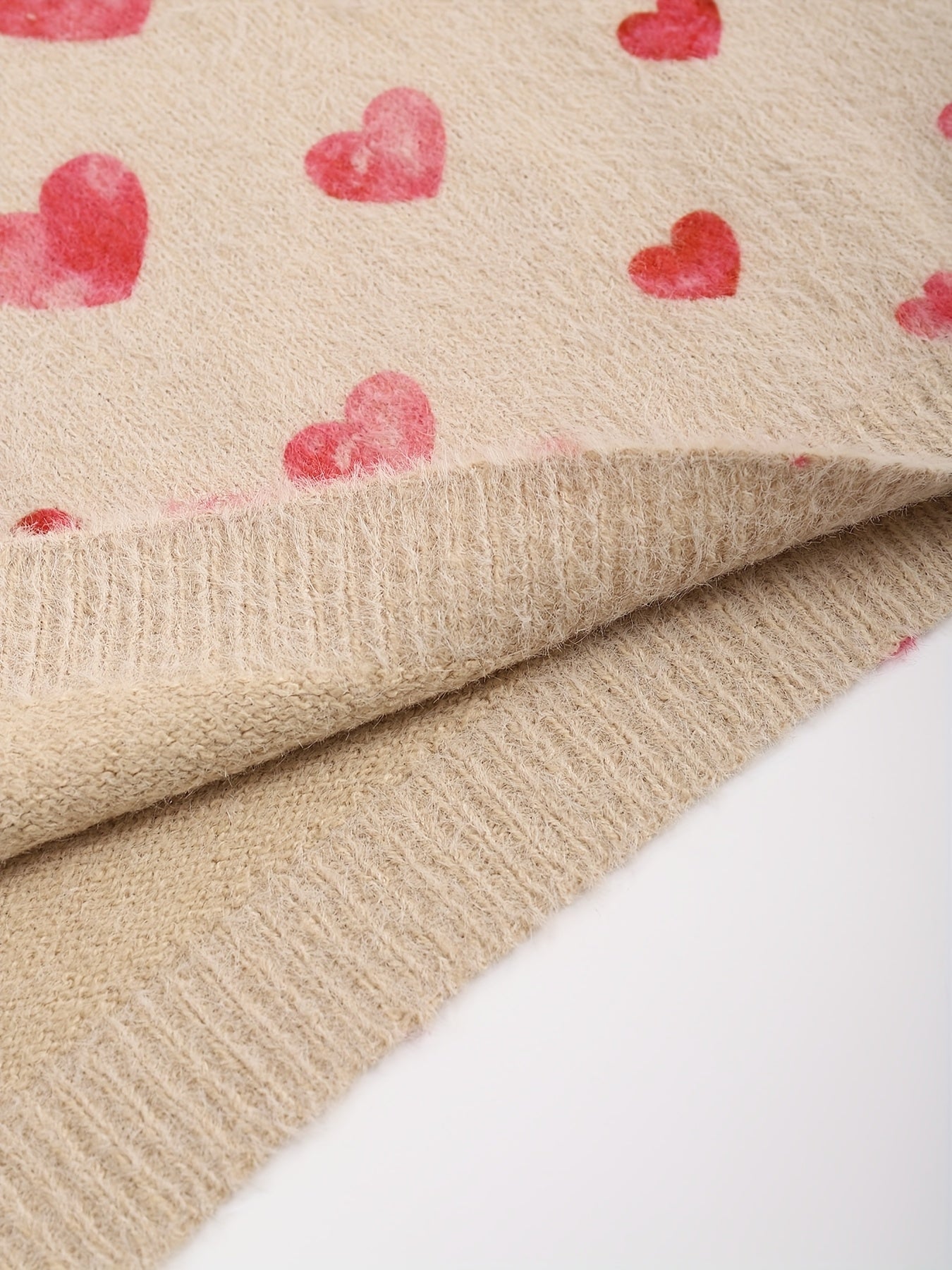 Red Heart Pattern Pullover, Casual Round Neck Long Sleeve Top for Women