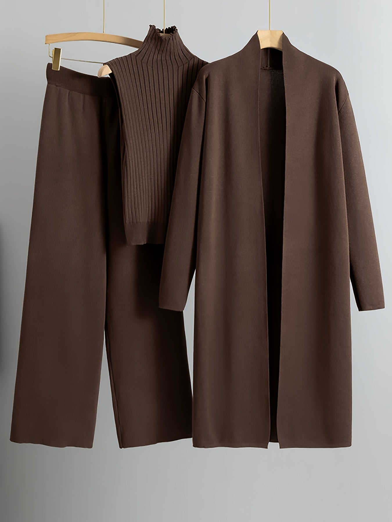 Autumn and Winter Women's Outfit, Solid Color Sweater Three-Piece Set, Cardigan Jacket Ensemble, Casual Elegant Ladies' Suit, Korean Style Top and Bottom Set, Fabric Wide-Leg Pants Set, Fabric Vest Set, Commuter Style Outfit,