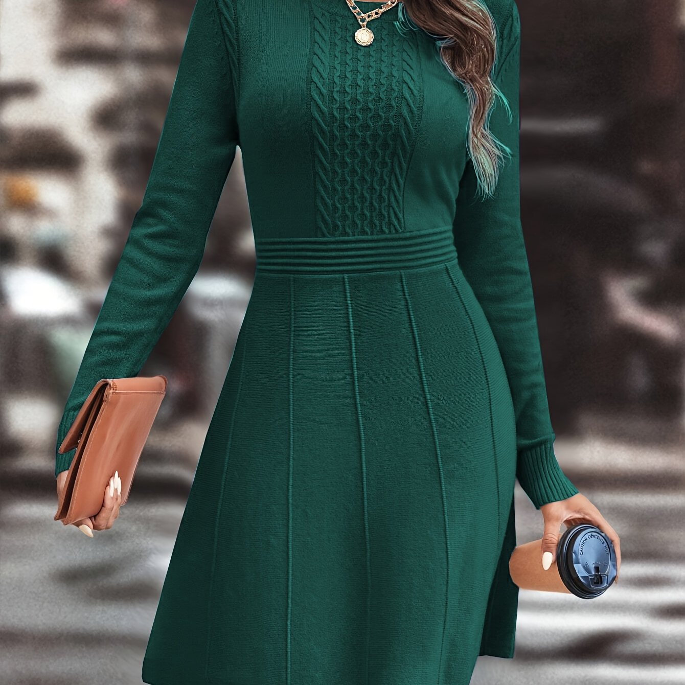 Women's Autumn Winter Date Party Casual Fashion Vacation Temperament Daily Commute Versatile Simple Solid Color Round Neck Mature Intellectual Slim A-Line Gentle Elegant Knit Dress