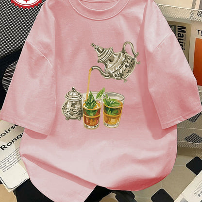 Women'S Casual Short Sleeve Crew Neck T-Shirt with Hand-Painted Teapot & Mint Leaf Illustration - Light Green, Spring/Summer Fashion Top, Casual Wear | Whimsical Design | Fabric