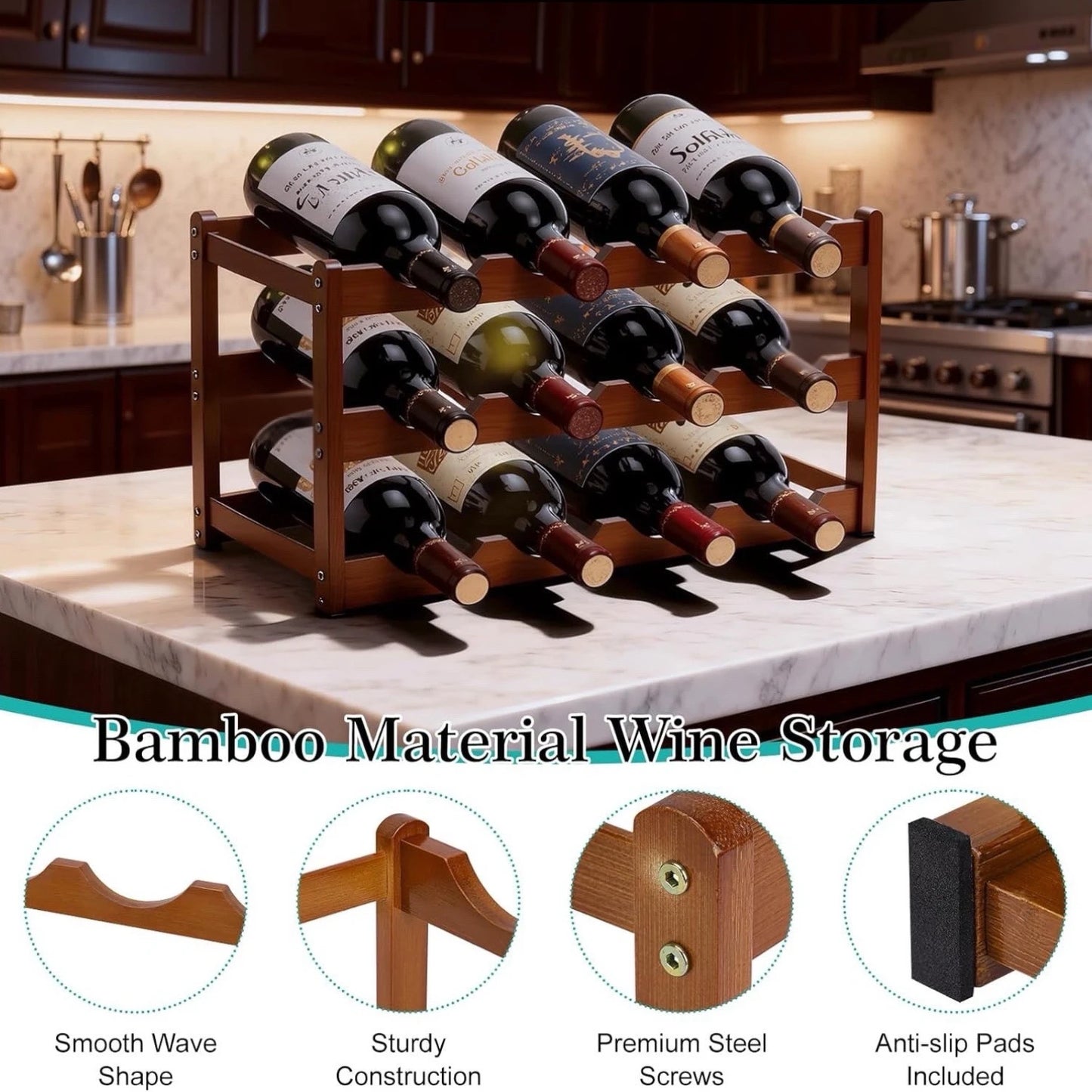 SAEIV 3 Tier Wooden Wine Rack 12 Bottle Capacity Storage Organizer for Kitchen Bar Dining Room Home Decor Perfect for Red Wine