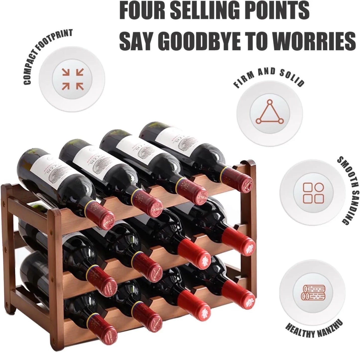 SAEIV 3 Tier Wooden Wine Rack 12 Bottle Capacity Storage Organizer for Kitchen Bar Dining Room Home Decor Perfect for Red Wine