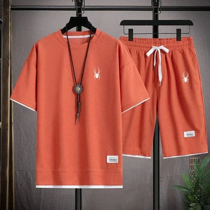 New Waffle Summer Casual T-shirt Shorts Set Men's Sportswear Youth Loose Set