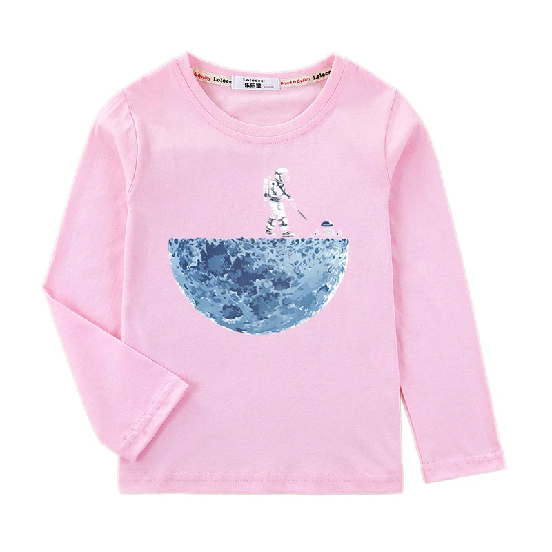 Boys Long Sleeved Shirt Astronaut Funny T-shirt Spring Autumn Cotton Clothes Kid Spaceman Fashion Tops