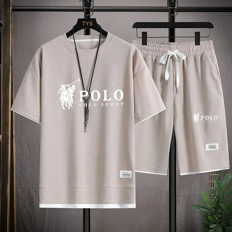 Men's two-piece short sleeved T-shirt and sports shorts summer fashion breathable casual waffle set