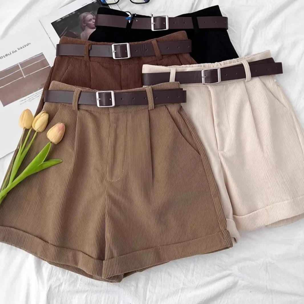 Retro Corduroy High Waist Short Pants Women's Autumn Winter Slim Wide Leg Pants Small Size Design Sense Cuffed Fashion Boot Pant
