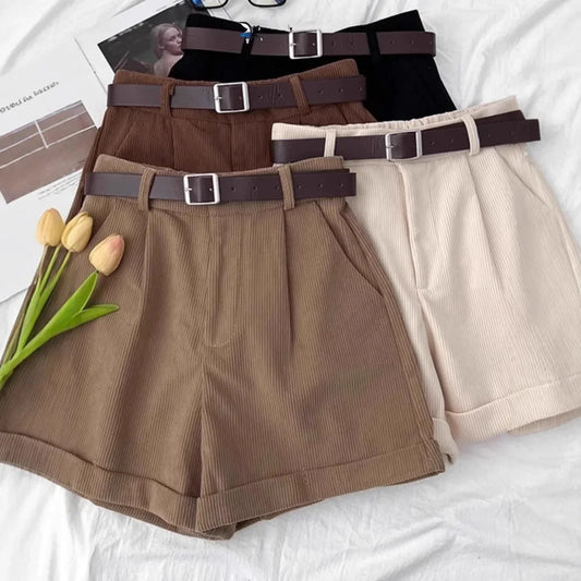 Retro Corduroy High Waist Short Pants Women's Autumn Winter Slim Wide Leg Pants Small Size Design Sense Cuffed Fashion Boot Pant