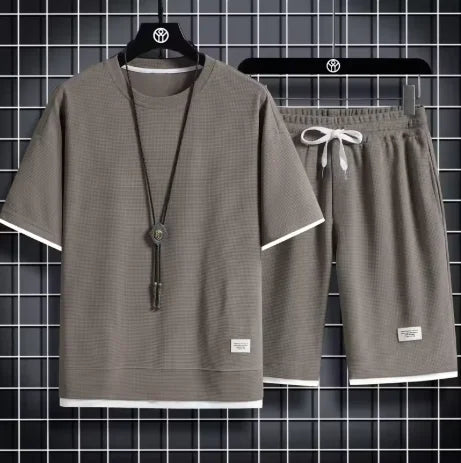 Men's Summer Waffle Set Brand Fashion Casual T-shirt Shorts Set Men's Sports Set Loose ComfortableSlow Running Quick Sports Suit