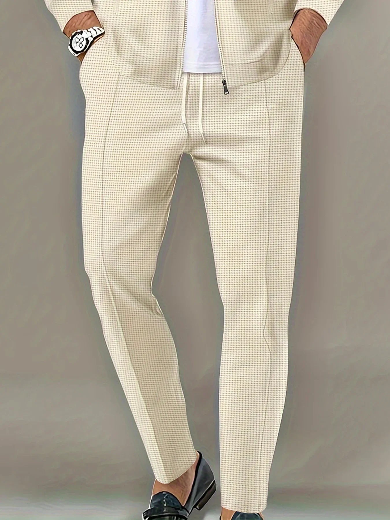 Men's Waffle Check Stand-Up Collar Semi-Casual Business Suit Button-Down Top with Comfortable Trousers have 1Pcs and 2Pcs Set