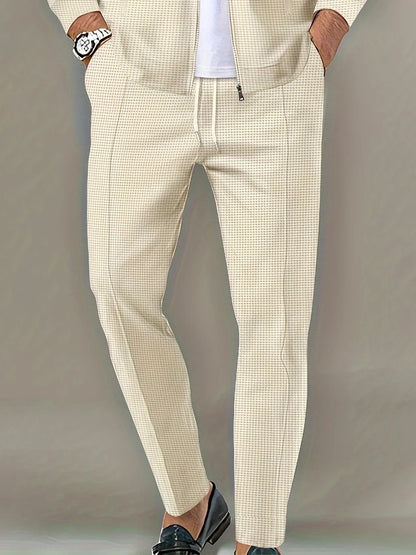 Men's Waffle Check Stand-Up Collar Semi-Casual Business Suit Button-Down Top with Comfortable Trousers have 1Pcs and 2Pcs Set