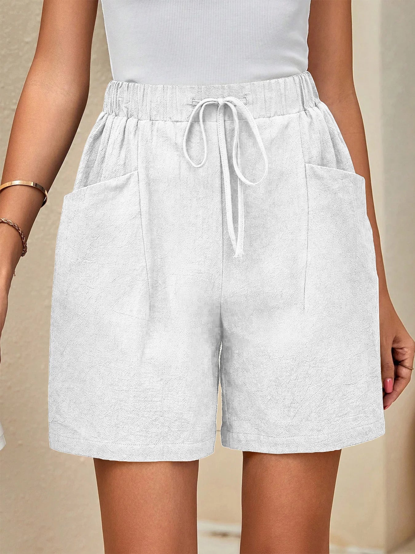 Spring Summer Linen Solid Color Casual Sports Elastic Waist Drawstring Shorts Slimming Versatile Summer Shorts