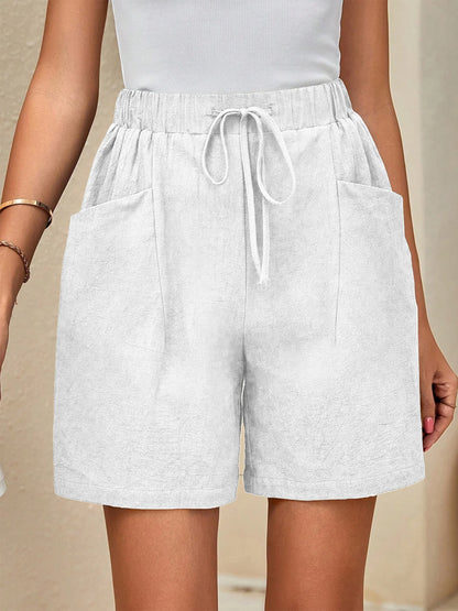 Spring Summer Linen Solid Color Casual Sports Elastic Waist Drawstring Shorts Slimming Versatile Summer Shorts