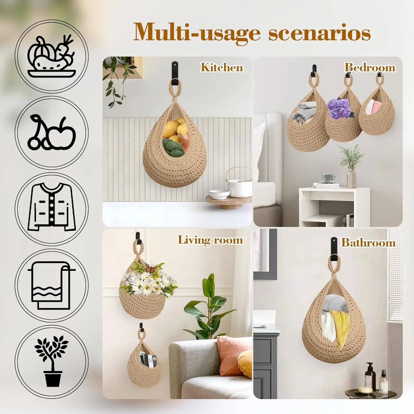 Wall-mounted Vegetable Basket Fruit Sundry Basket Natural Wicker Weave Storage Basket Kitchen Storage Home Decoration Organizer