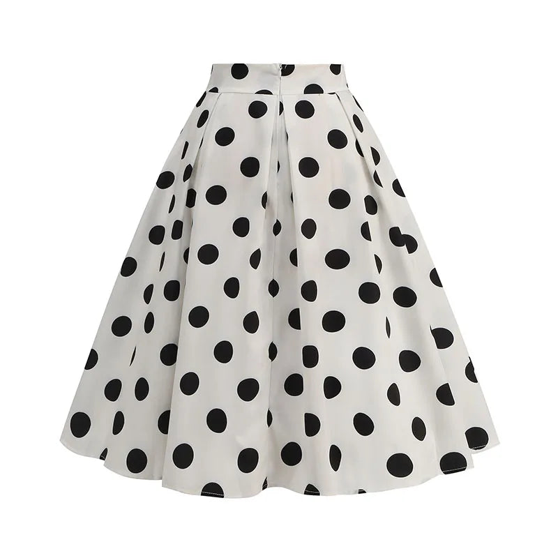 Vintage Women's Summer Skirts High Waist Polka Dot Print Red White Black Elegant 50s Midi Tunic Knee Length
