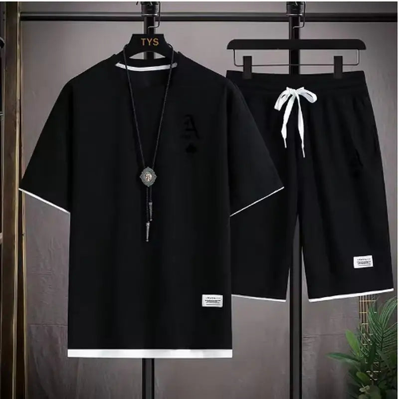 Fashionable casual men's sports suit short-sleeved T-shirt and outdoor summer sports shorts two-piece set daily casual