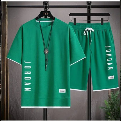 New Waffle Summer Casual T-shirt Shorts Set Men's Sportswear Youth Loose Set