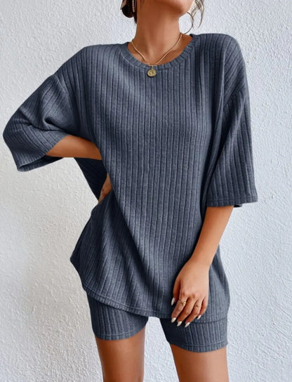 Fashionable Knitted Loose Casual Round Neck Summer Shorts Top Set Women'S Clothing Comfortable Breathable Solid Color Shorts Set