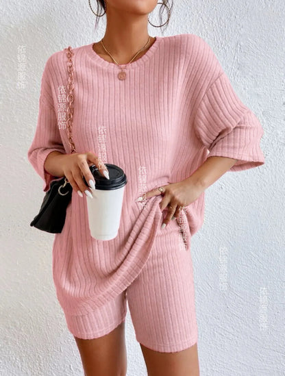 Fashionable Knitted Loose Casual Round Neck Summer Shorts Top Set Women'S Clothing Comfortable Breathable Solid Color Shorts Set