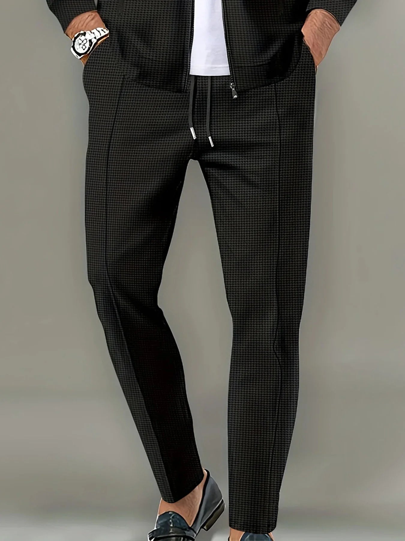 Men's Waffle Check Stand-Up Collar Semi-Casual Business Suit Button-Down Top with Comfortable Trousers have 1Pcs and 2Pcs Set