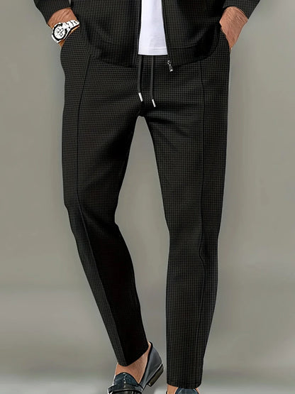 Men's Waffle Check Stand-Up Collar Semi-Casual Business Suit Button-Down Top with Comfortable Trousers have 1Pcs and 2Pcs Set