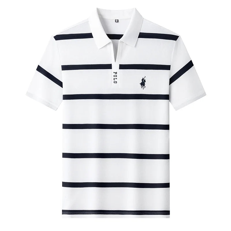 New Summer High-end Men's Embroidered Cotton Polo Shirt, Striped Lapel Short Sleeve, Young Casual Versatile Base T-shirt Tops