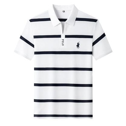 New Summer High-end Men's Embroidered Cotton Polo Shirt, Striped Lapel Short Sleeve, Young Casual Versatile Base T-shirt Tops