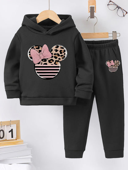 2sets Fashion exquisite girls Fall/Winter pattern printed with fleece warm lined hoodie and tracksuit pants