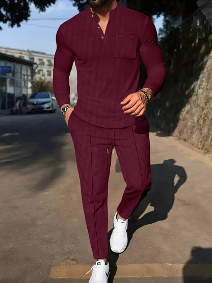 Men's Waffle Check Stand-Up Collar Semi-Casual Business Suit Button-Down Top with Comfortable Trousers have 1Pcs and 2Pcs Set