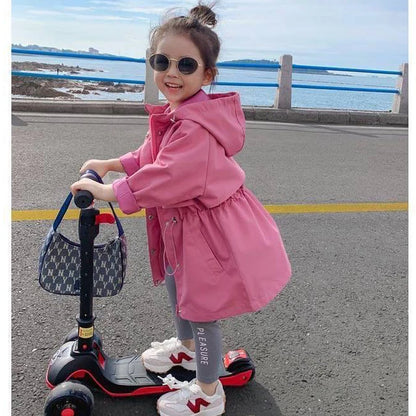 2025 Hot Selling Spring Autumn Girls Coat Long Style Waist Retractable Hoodies Windbreaker Jacket For 3-12 Years Old Kids