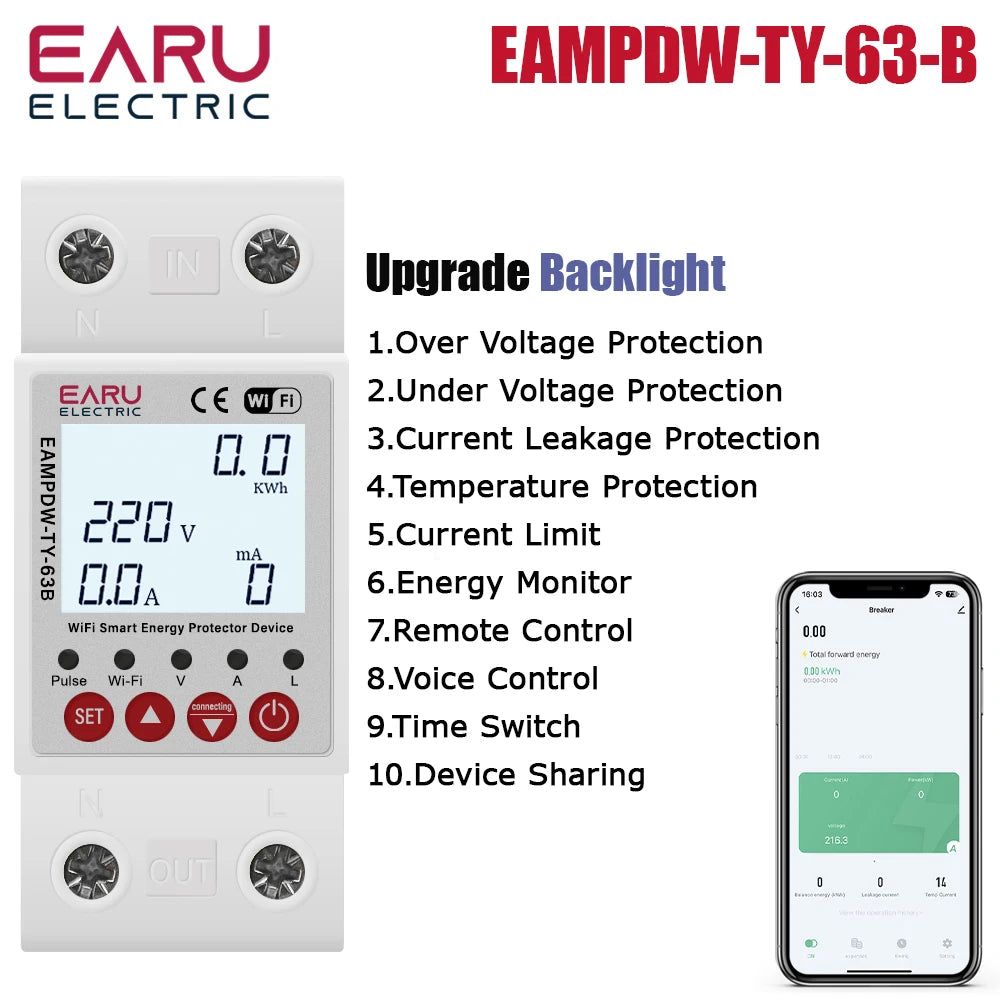 Tuya WiFi Smart Energy Meter Power kWh Meter Earth Leakage Over Under Voltage Protector Time Relay Device Switch Circuit Breaker