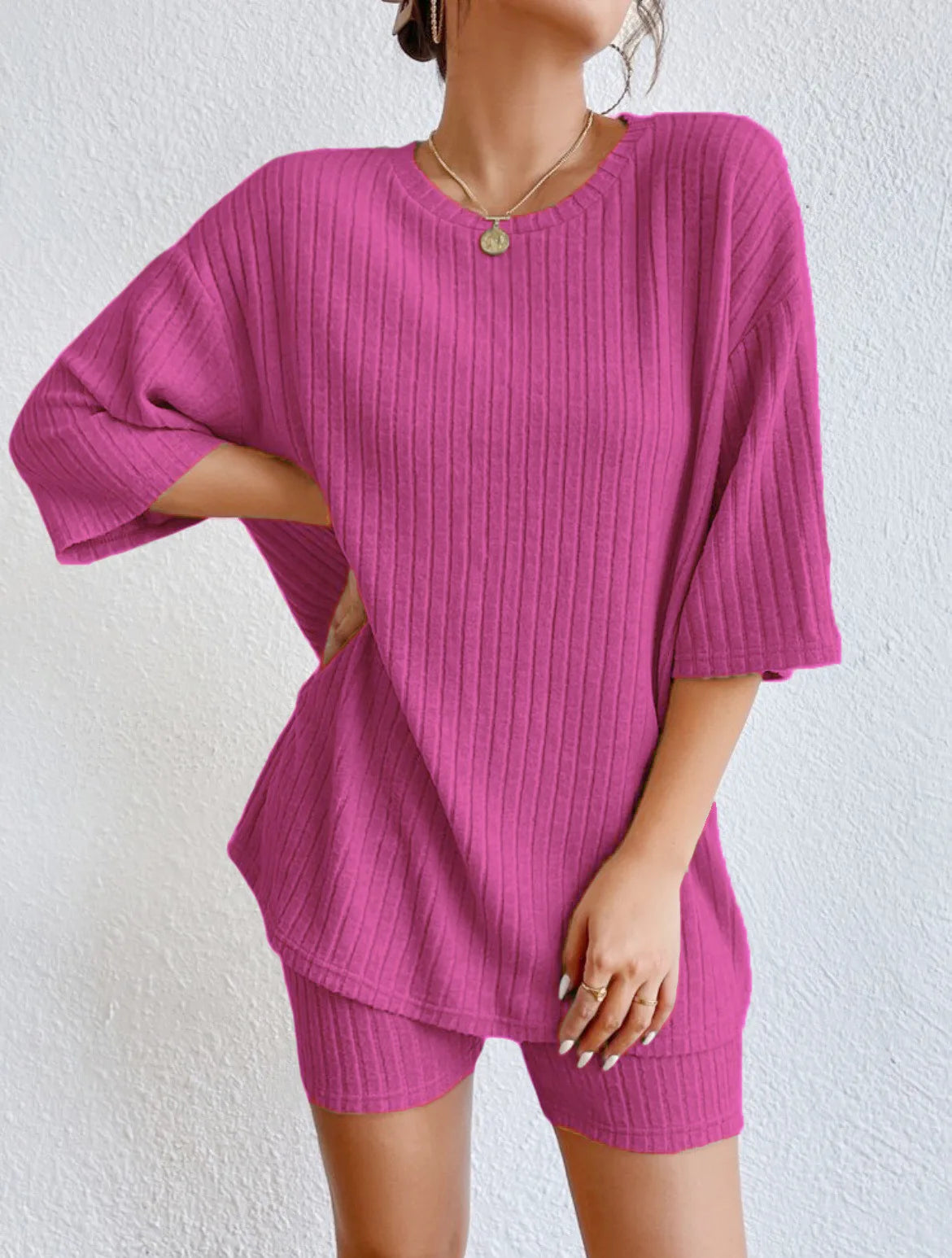 Fashionable Knitted Loose Casual Round Neck Summer Shorts Top Set Women'S Clothing Comfortable Breathable Solid Color Shorts Set