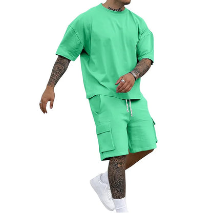 New Summer Style Fashion T-shirt and Utility Shorts Solid Color Set, a Casual and Sporty Men's Suit