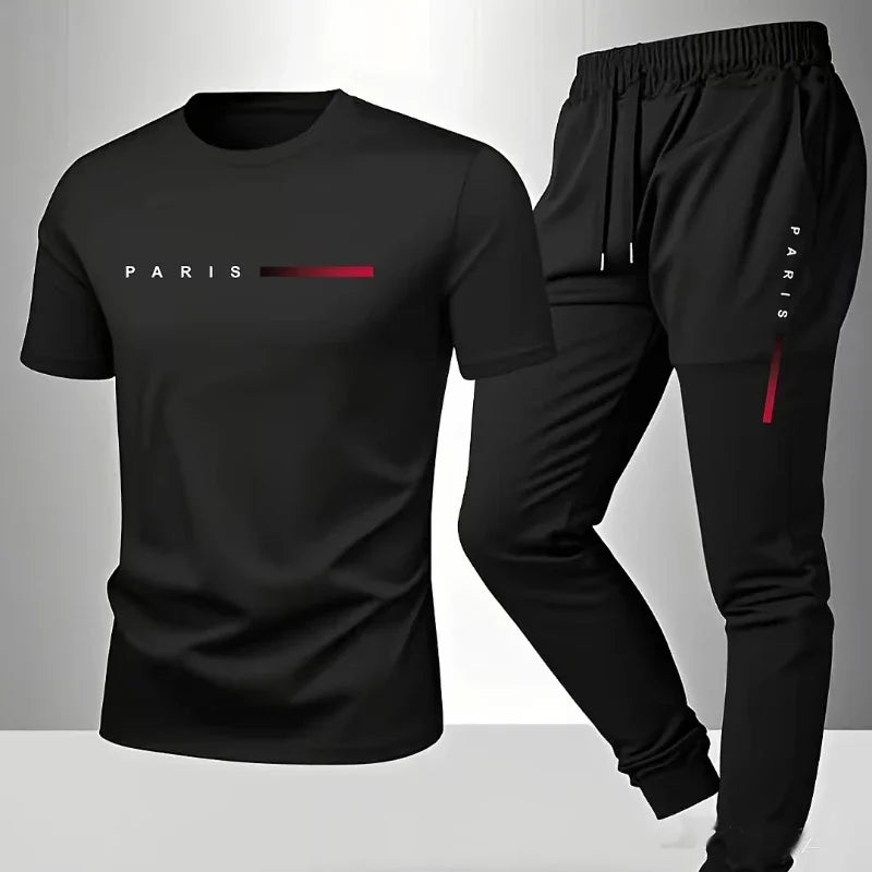PARIS Men s casual suit spring and summer new style letter print American trend sports fashion short sleeved pants two-piece set
