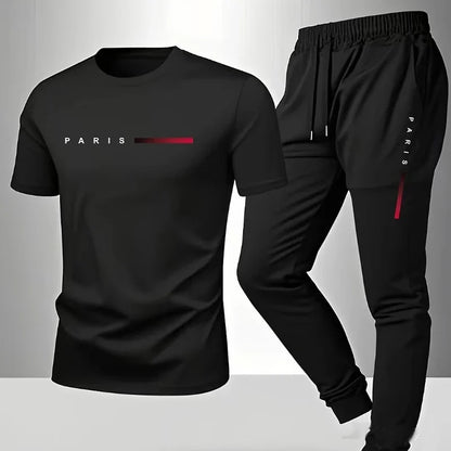 PARIS Men s casual suit spring and summer new style letter print American trend sports fashion short sleeved pants two-piece set