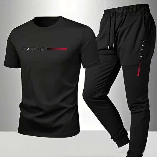 PARIS Men s casual suit spring and summer new style letter print American trend sports fashion short sleeved pants two-piece set