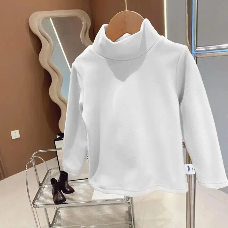 Baby Warm Top Boys and Girls Made Velvet Inner Solid Color Bottom Children's Autumn/Winter Half High Collar Long Sleeve T-shirt