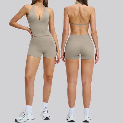 Women's Yoga Suit Breathable Quick-drying Gym Push Up Sports Set Shockproof Bra Hip Litting Leggings Shorts 2-piece Sports Set
