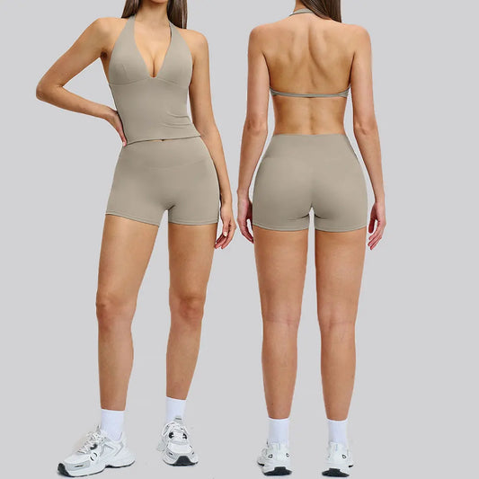 Women's Yoga Suit Breathable Quick-drying Gym Push Up Sports Set Shockproof Bra Hip Litting Leggings Shorts 2-piece Sports Set