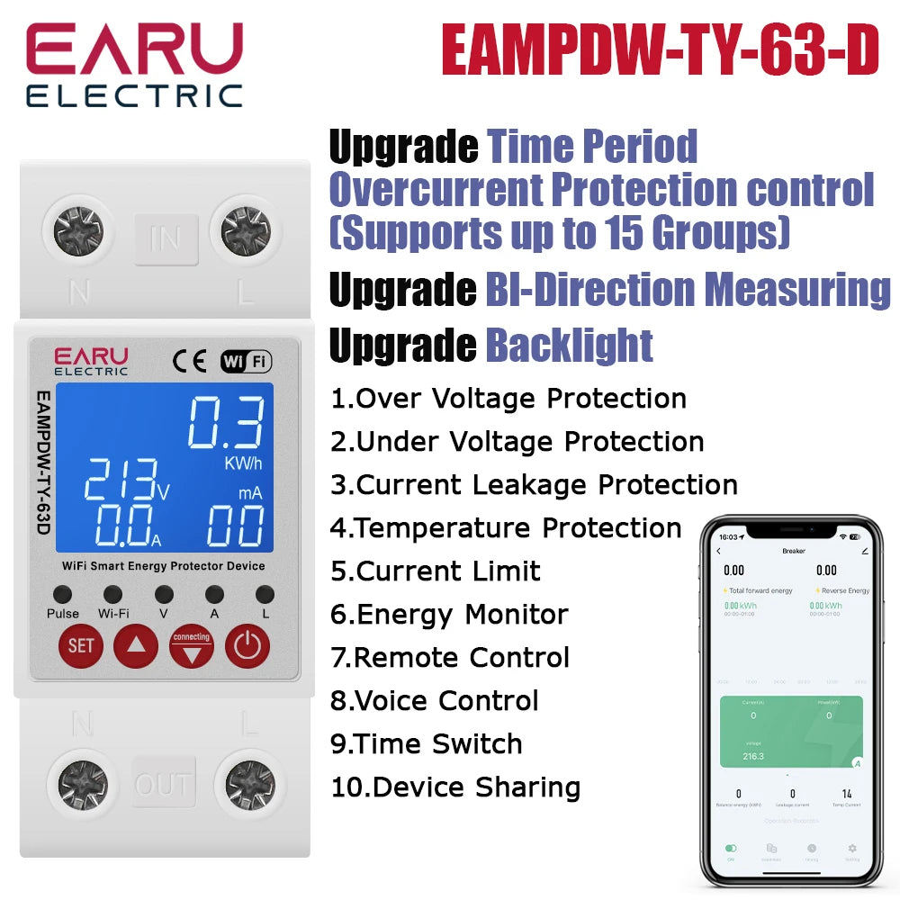 Tuya WiFi Smart Energy Meter Power kWh Meter Earth Leakage Over Under Voltage Protector Time Relay Device Switch Circuit Breaker
