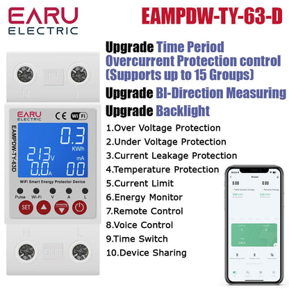 Tuya WiFi Smart Energy Meter Power kWh Meter Earth Leakage Over Under Voltage Protector Time Relay Device Switch Circuit Breaker