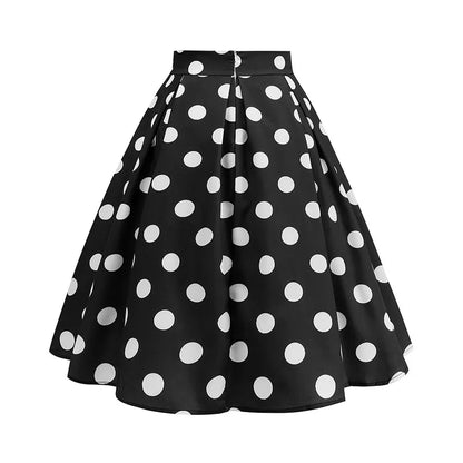 Vintage Women's Summer Skirts High Waist Polka Dot Print Red White Black Elegant 50s Midi Tunic Knee Length