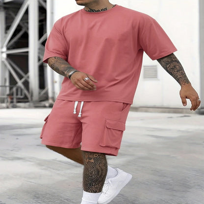 New Summer Style Fashion T-shirt and Utility Shorts Solid Color Set, a Casual and Sporty Men's Suit