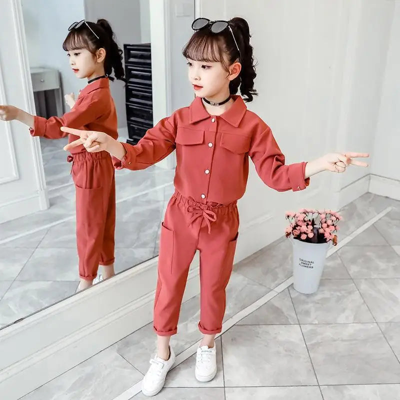 Children's Suits Spring Autumn Wear Girls Long Sleeved Tops + Trousers Kids 2 Suits Big Children Sport Sets Solid Color 12 Years